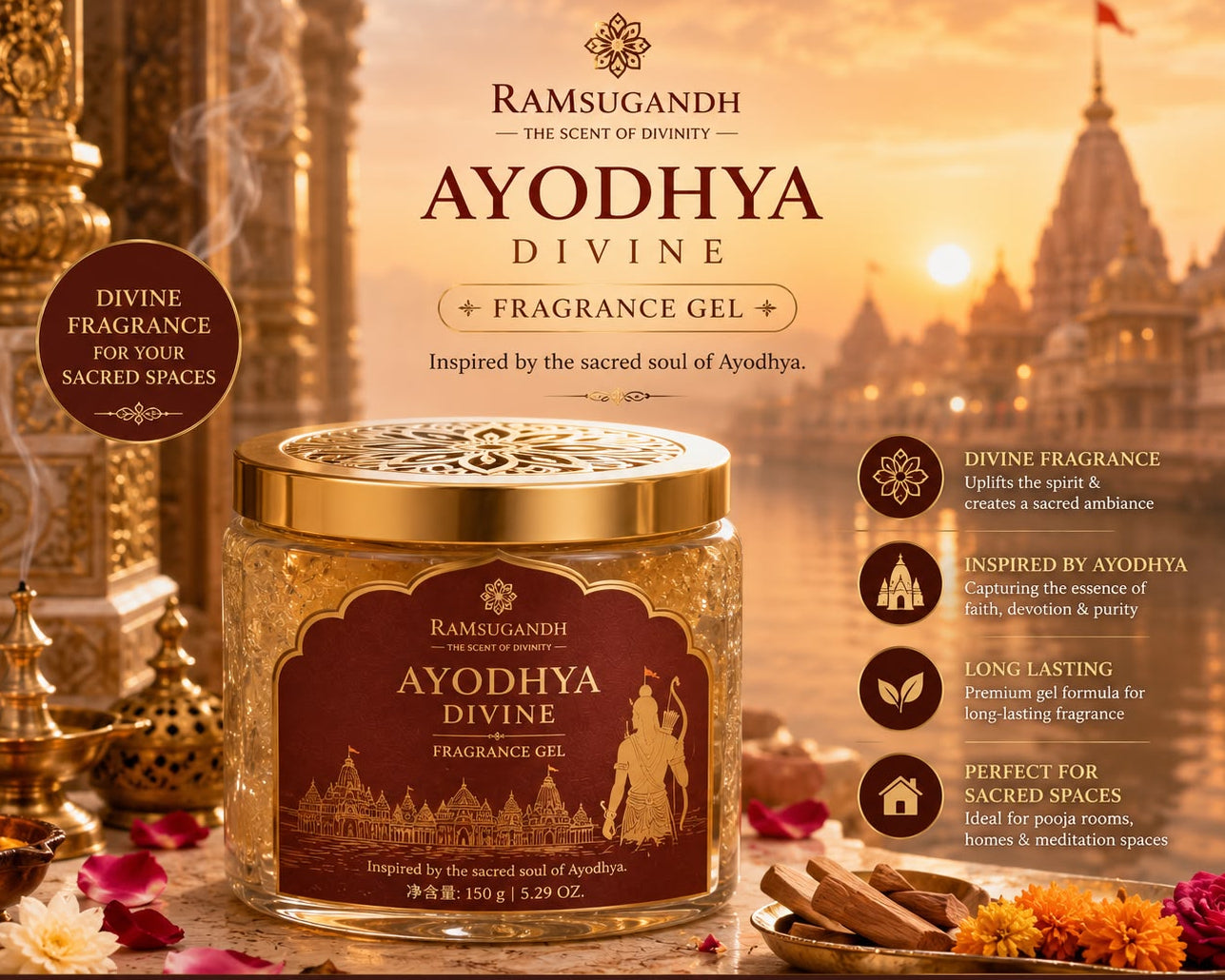 Ramsugandh™ Ayodhya Divine Fragrance Gel | Premium Spiritual Air Freshener | 150g