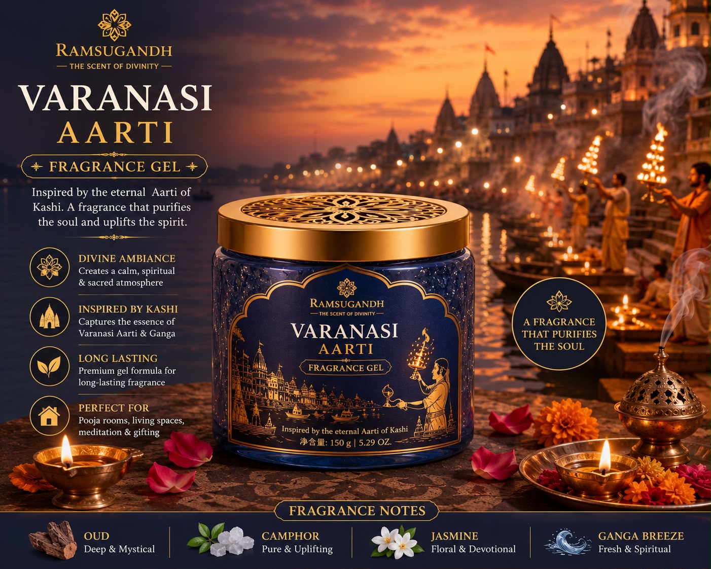 Ramsugandh™ Varanasi Aarti Fragrance Gel | Premium Spiritual Air Freshener | 150g